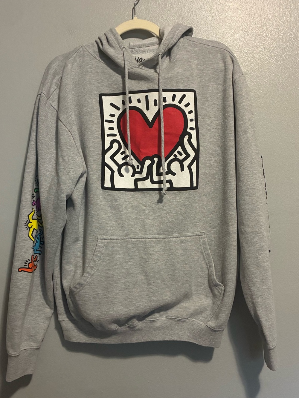 Keith Haring Gray Graphic Hoodie Large Heart Art Pullover Sweatshirt